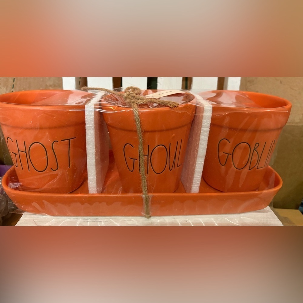 Rae Dunn 3pc Orange Halloween Planter Set